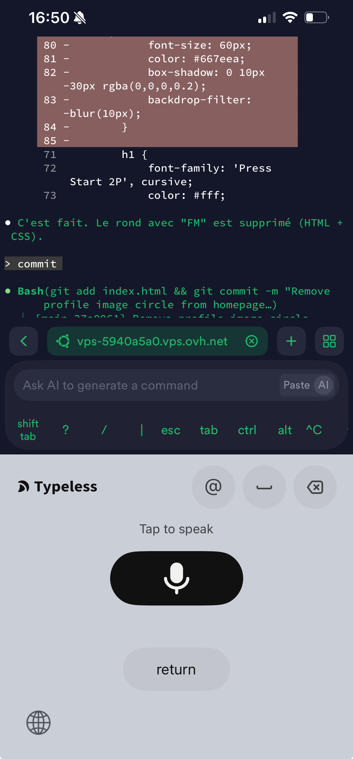 Termius and Typeless working together on mobile